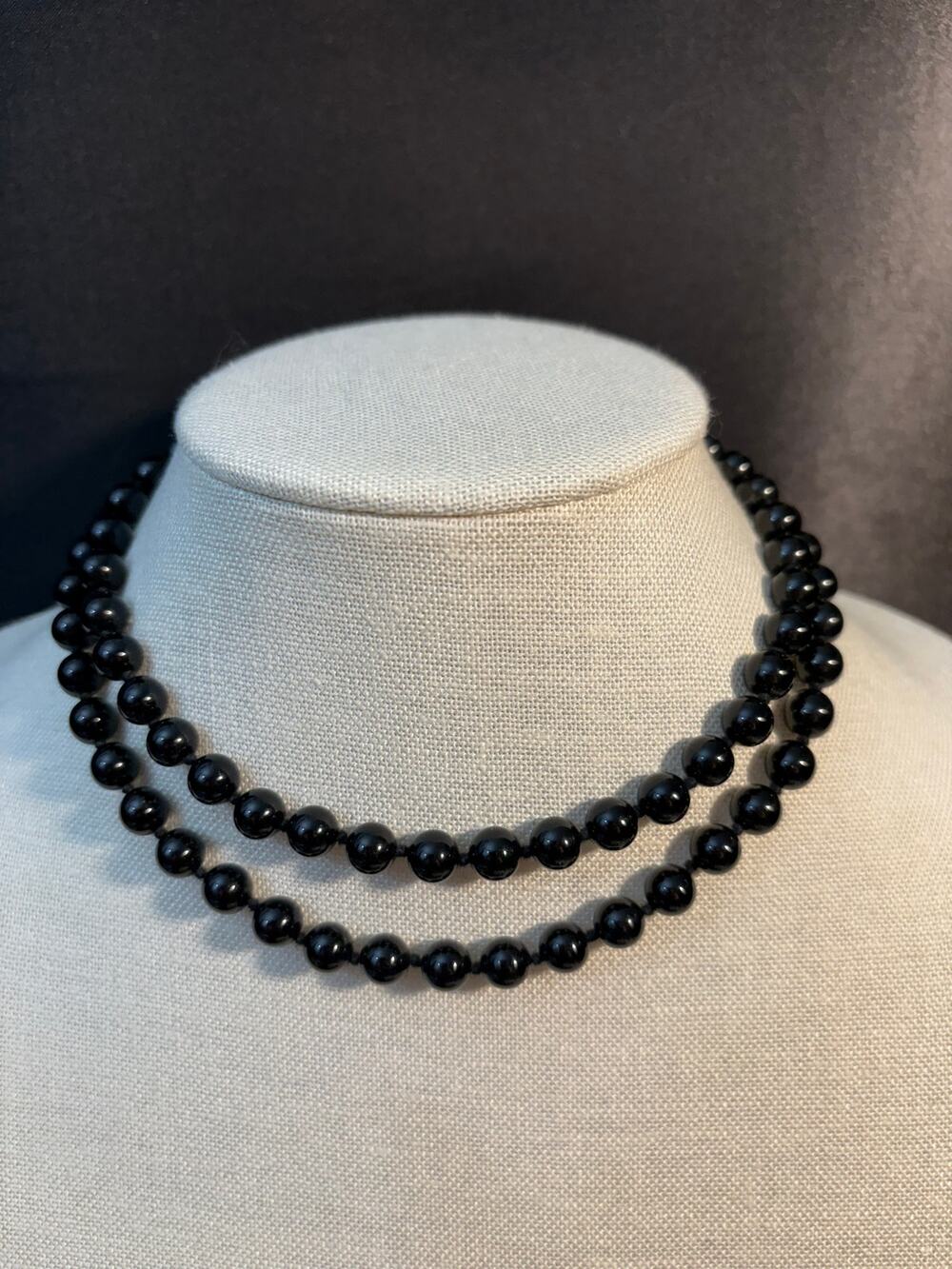 Vintage Black Onyx Bead Necklace 30 Inch Single Strand